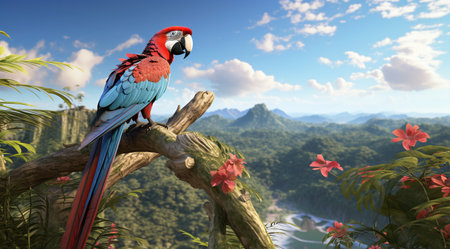 beautiful macaw parrot on a branch in the jungle - 3d renderの素材