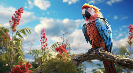 Parrot on a branch in a tropical garden. 3d renderingの素材