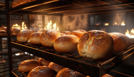 Freshly baked bread in the oven in the kitchen of a bakeryの素材