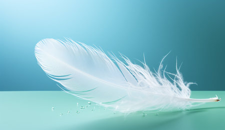 White feather on blue background with water drops. Copy space for text.の素材