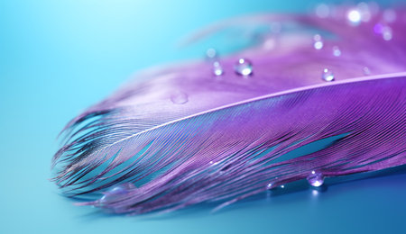 Beautiful color feather and water drops on blue background, closeupの素材