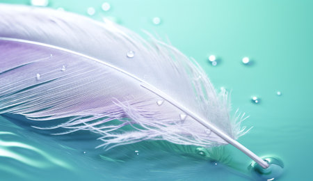 Beautiful feather and water drops on color background, close-upの素材