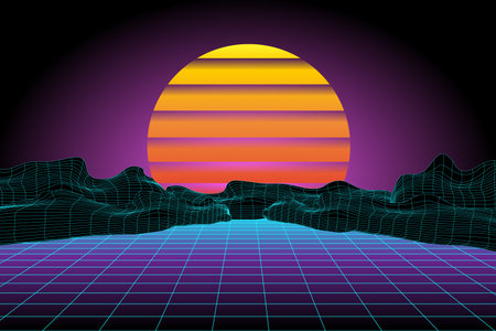 Retro Sci-Fi Background with Sunset. Vector Illustration.の写真素材