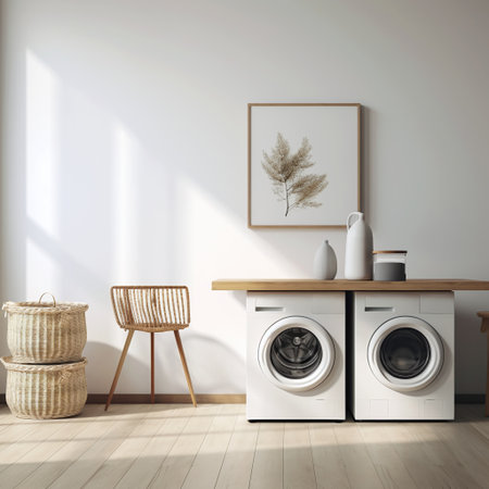 Laundry room interior with washing machine, 3d render illustrationの素材