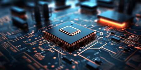 Close-up of a cpu on a printed circuit board. 3d renderingの素材