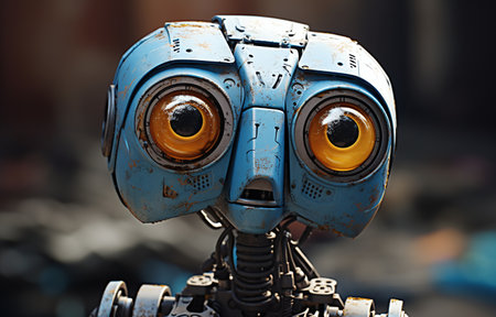 Closeup of an old robot with blue eyes. 3d renderingの素材