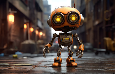 3d rendering of a robot in a city street at night.の素材