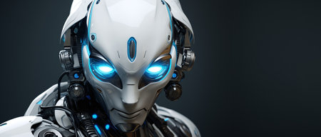 3d rendering robot or cyborg with blue light on dark backgroundの素材