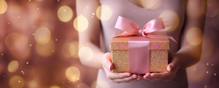 woman holding a gift box with pink bow on bokeh backgroundの素材