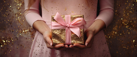 Female hands holding a gift box with a pink bow on a golden backgroundの素材