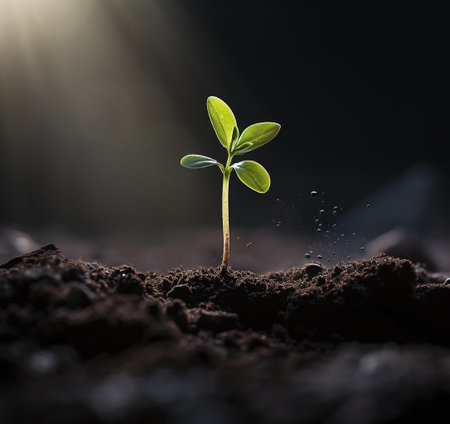 Young green seedling illustrating concept of new life and begin to growの素材