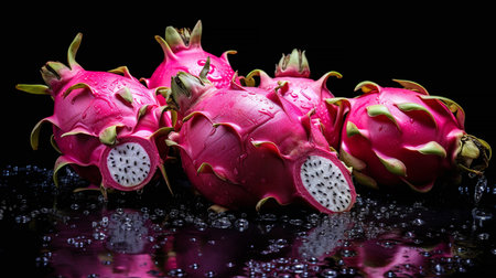 Dragon fruit on a black background with water drops. Tropical fruit.の素材