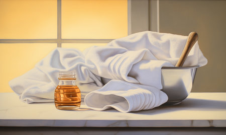 Spa still life with oil and towels on a marble countertopの素材