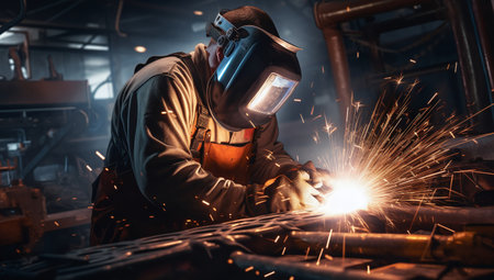 Industrial worker wearing protective mask welding metal in factory. Metalwork manufacturing and construction concept.の素材