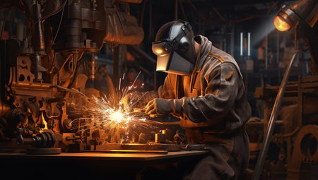 Industrial worker with protective mask welding metal at factory. Metalwork and manufacturing concept.の素材
