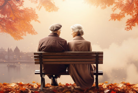 Senior couple sitting on a bench in the autumn park, back viewの素材