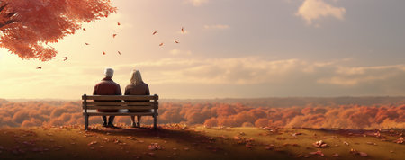 Senior couple sitting on a bench in the autumn park. Fall season concept.の素材