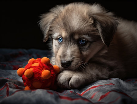 Cute puppy with toy on a black background. Studio shot.の素材