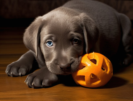 Chocolate Labrador Retriever puppy with halloween pumpkin.の素材