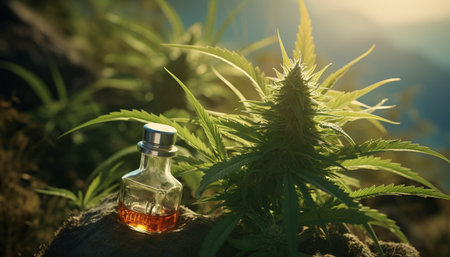 Cannabis oil in a glass bottle on the nature background.の素材