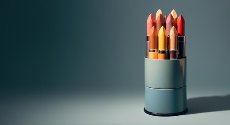 Lipsticks in a blue box on a gray background. 3d renderingの素材