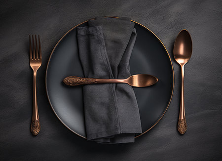 Table setting. Black plate, silverware and napkin on black backgroundの素材