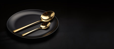 Golden spoon and black plate on a black background. 3d renderingの素材