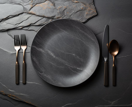 Black plate, cutlery and napkin on black stone backgroundの素材