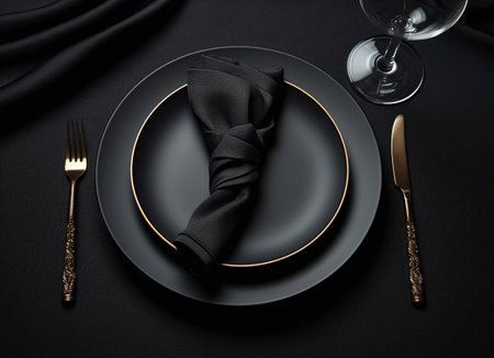 Elegant table setting with black napkin and golden cutlery on black backgroundの素材