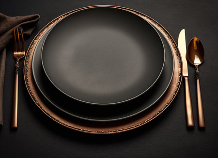 Table setting with black plates, cutlery and napkin on black backgroundの素材