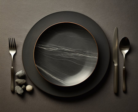 Empty black plate, cutlery and stone on dark background.の素材