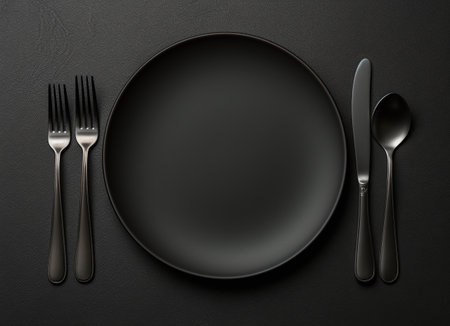 Empty black plate with cutlery on black background, top viewの素材