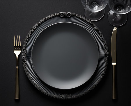 Empty black plate, cutlery and glasses on black background, top viewの素材