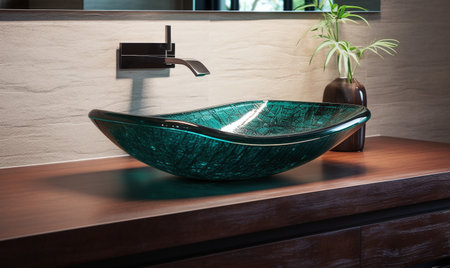 Bathroom interior with green bathtub and faucet.の素材