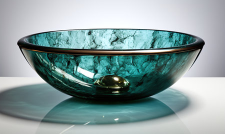 3D rendering of a glass bowl with turquoise water on a white backgroundの素材