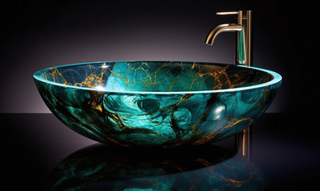 Modern bathroom sink with reflection on black background. 3D Renderingの素材