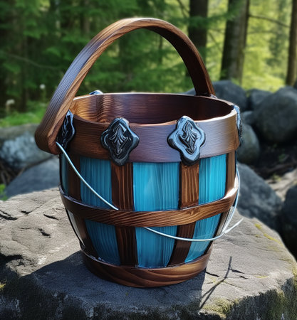 Wooden basket in the forest. 3d rendering. Computer digital drawing.の素材