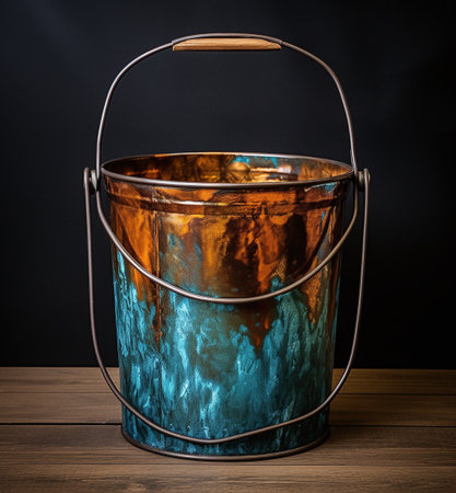 Metal bucket with blue paint on a wooden table. Toned.の素材