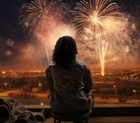 Girl watching fireworks on the background of the city. Back view.の素材