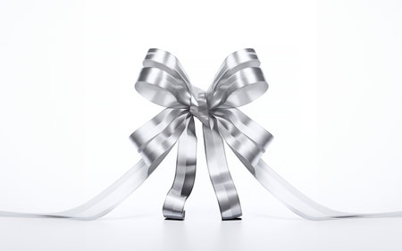 Silver ribbon bow isolated on white background. 3d render illustration.の素材