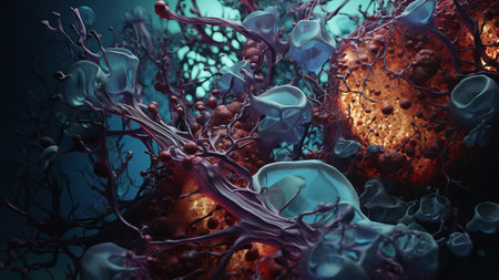 3d rendering of abstract medical background with blood cells and tumor cellsの素材