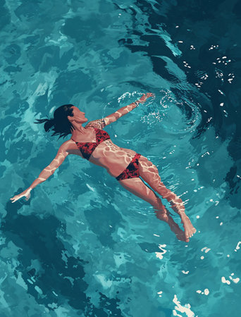 3d illustration of a beautiful girl in a red bikini swims in the seaの素材