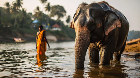 Tourist bathing in the river with an elephant.の素材