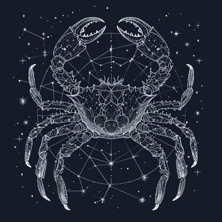 Vector illustration with hand drawn crab and Sacred geometry symbol. Abstract mystic sign. Black and white linear shape.の素材