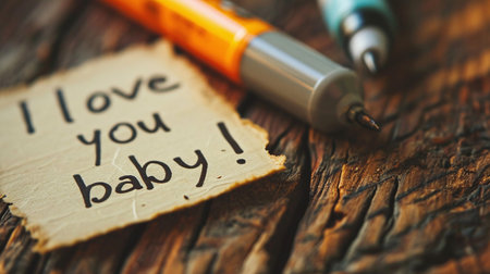 I love you baby, message on paper with pen on wooden backgroundの素材