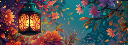 Horizontal banner with a lantern and flowers in the garden. Vector illustration.の素材