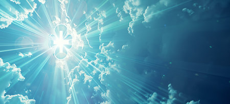 Digital composite of Blue and white cloud and light flare against blue backgroundの素材