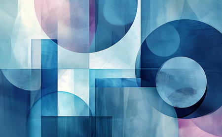Abstract geometric background with circles and lines in shades of blue and purpleの素材