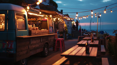 Night view of a street food truck on the seafront at sunsetの素材