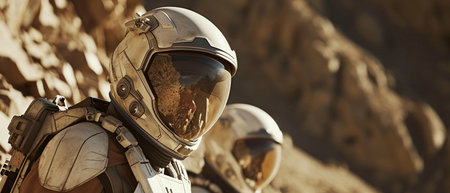 Astronaut in space suit and helmet on the background of mountainsの素材